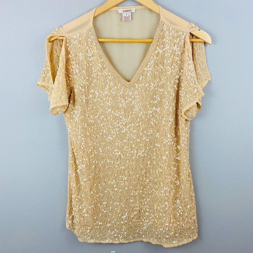 Sundance Sequined Top Womens Small Gold Chiffon Blouse Party Holiday Glam